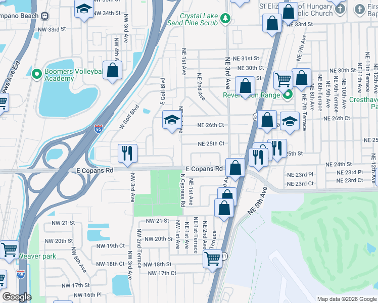 map of restaurants, bars, coffee shops, grocery stores, and more near 111 Northeast 25th Street in Pompano Beach
