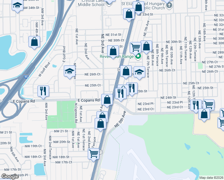 map of restaurants, bars, coffee shops, grocery stores, and more near 341 Northeast 25th Street in Pompano Beach