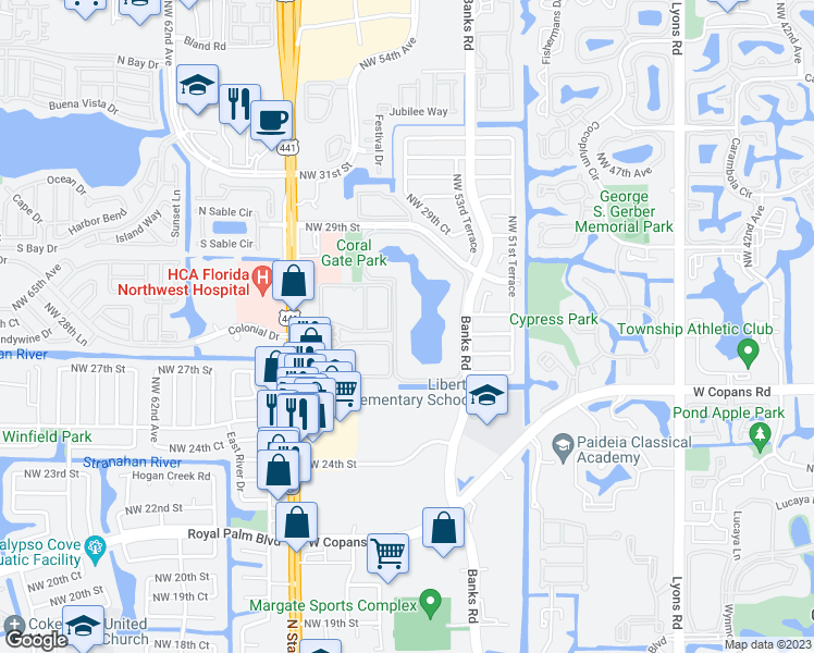 map of restaurants, bars, coffee shops, grocery stores, and more near 6409 Coral Lake Drive in Margate