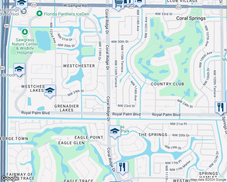 map of restaurants, bars, coffee shops, grocery stores, and more near 11605 Northwest 25th Street in Coral Springs