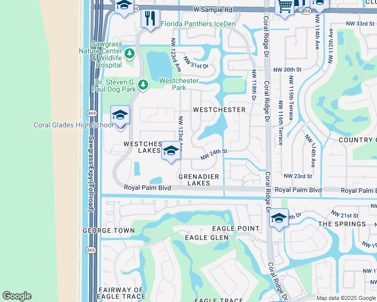 map of restaurants, bars, coffee shops, grocery stores, and more near 12202 Northwest 25th Court in Coral Springs