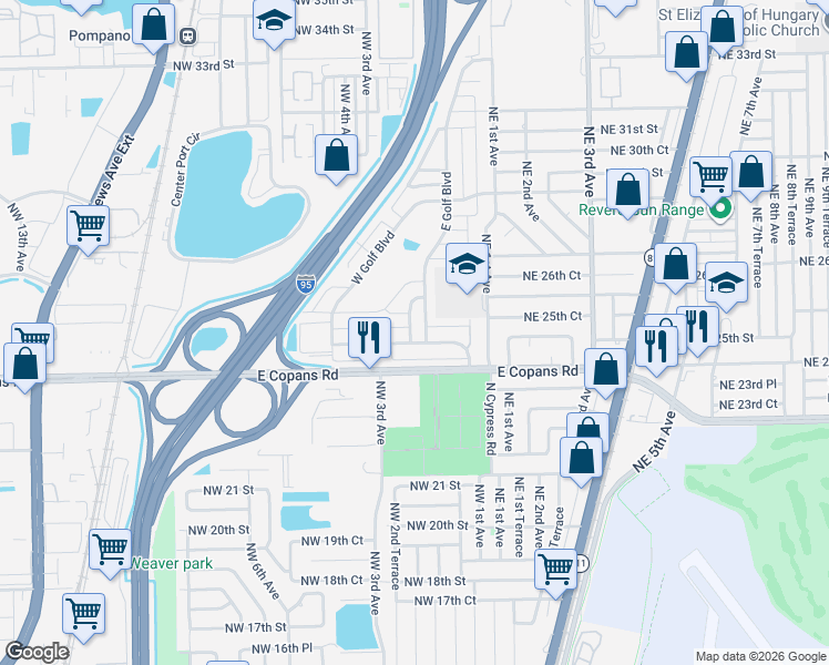 map of restaurants, bars, coffee shops, grocery stores, and more near 150 Northwest 25th Court in Pompano Beach