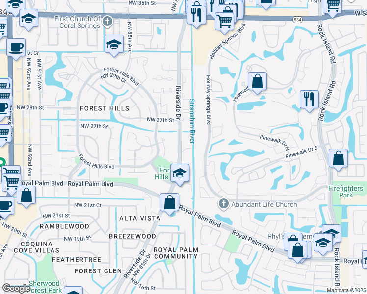 map of restaurants, bars, coffee shops, grocery stores, and more near 2583 Riverside Drive in Coral Springs