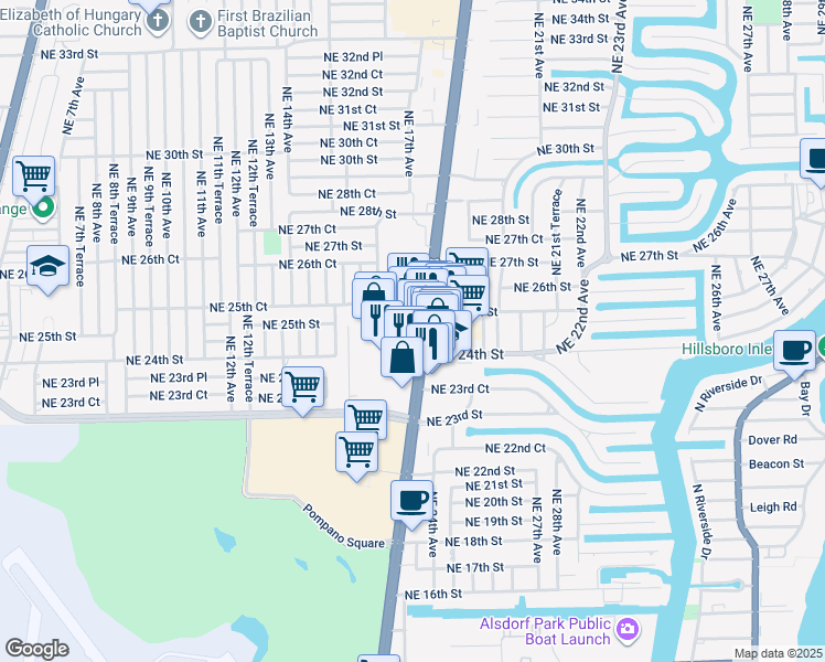 map of restaurants, bars, coffee shops, grocery stores, and more near 2451 North Federal Highway in Pompano Beach