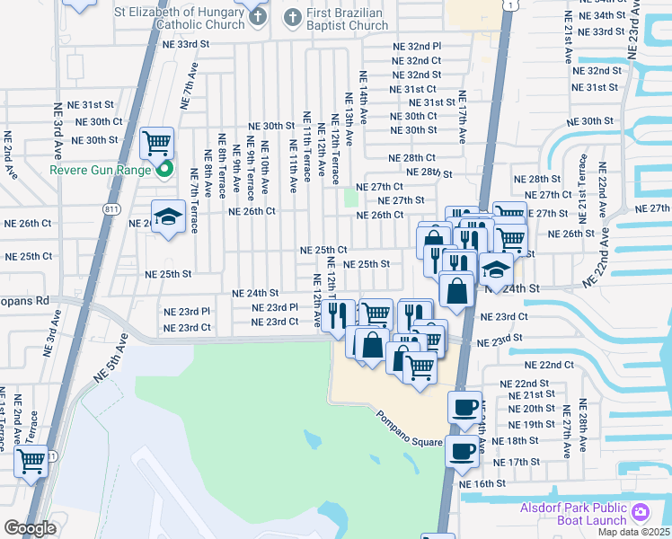 map of restaurants, bars, coffee shops, grocery stores, and more near 2480 Northeast 12th Terrace in Pompano Beach