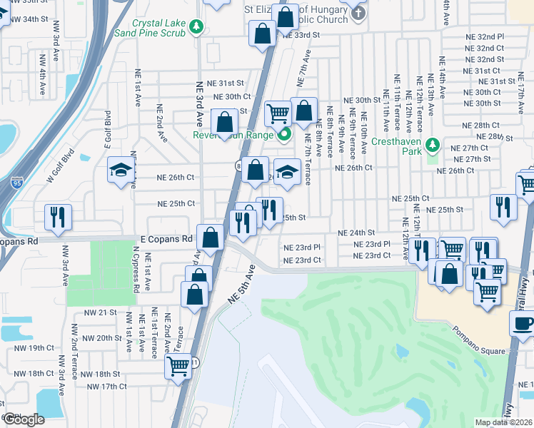 map of restaurants, bars, coffee shops, grocery stores, and more near 2500 Northeast 5th Avenue in Pompano Beach