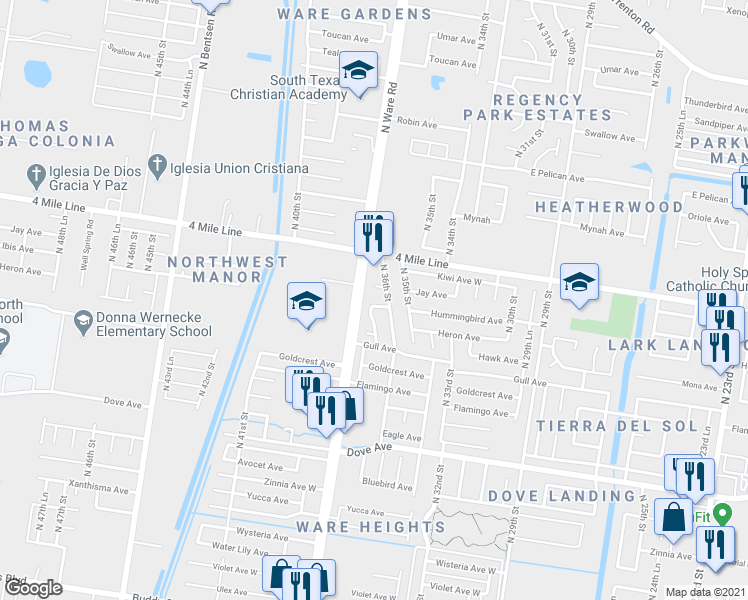 map of restaurants, bars, coffee shops, grocery stores, and more near 3608 Hummingbird Avenue in McAllen