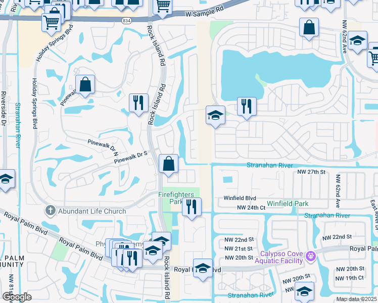 map of restaurants, bars, coffee shops, grocery stores, and more near 2825 Northwest 68th Lane in Margate