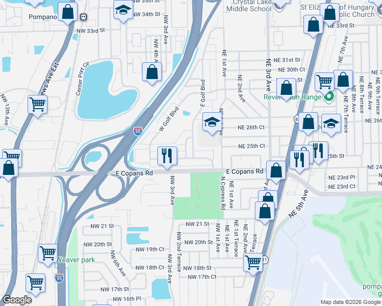 map of restaurants, bars, coffee shops, grocery stores, and more near 150 Northwest 25th Court in Pompano Beach