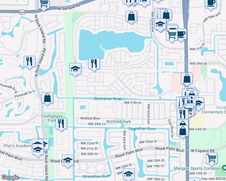 map of restaurants, bars, coffee shops, grocery stores, and more near 6529 Northwest 28th Court in Margate