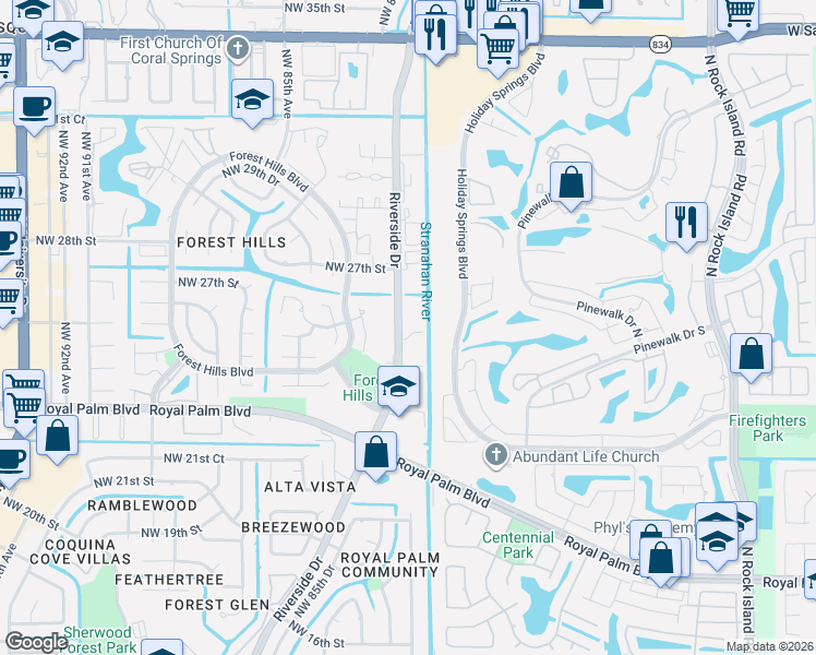 map of restaurants, bars, coffee shops, grocery stores, and more near 2583 Riverside Drive in Coral Springs