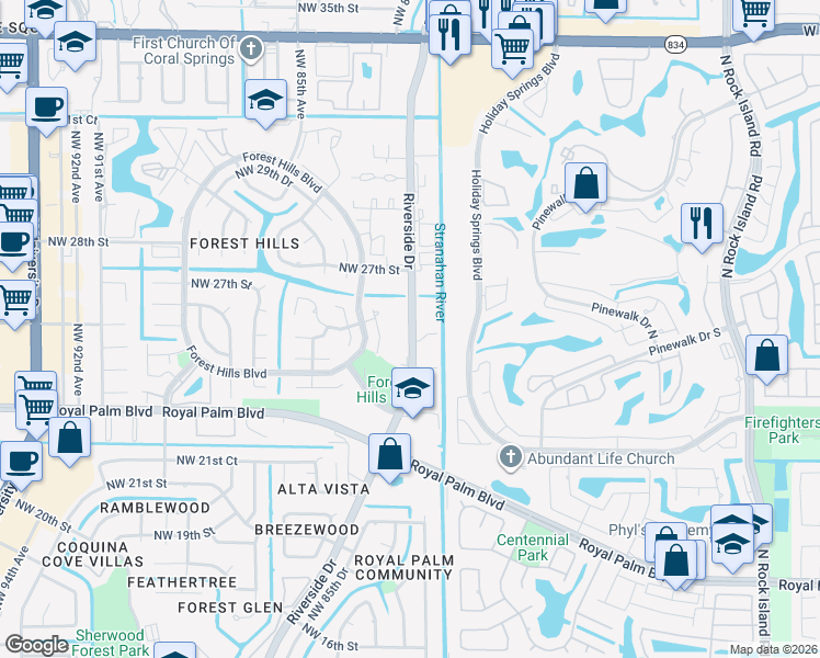 map of restaurants, bars, coffee shops, grocery stores, and more near 2583 Riverside Drive in Coral Springs