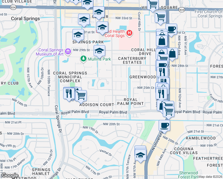 map of restaurants, bars, coffee shops, grocery stores, and more near 2501 Northwest 98th Lane in Coral Springs