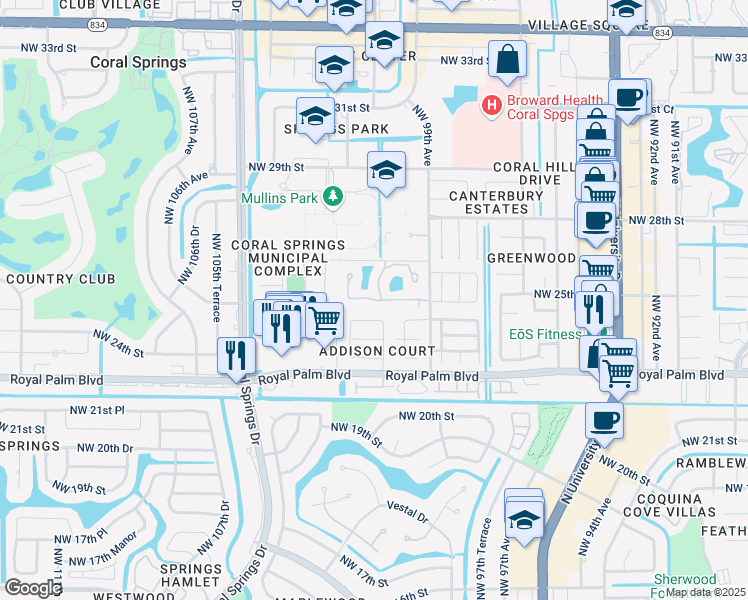 map of restaurants, bars, coffee shops, grocery stores, and more near 2599 Northwest 99th Avenue in Coral Springs