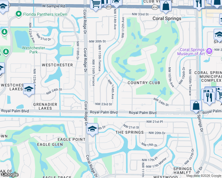 map of restaurants, bars, coffee shops, grocery stores, and more near 2500 Northwest 114th Avenue in Coral Springs