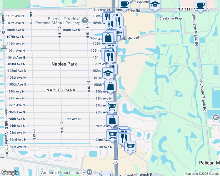 map of restaurants, bars, coffee shops, grocery stores, and more near 865 99th Avenue North in Naples