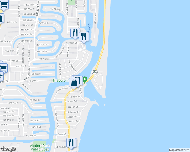 map of restaurants, bars, coffee shops, grocery stores, and more near 901 Florida A1A in Hillsboro Beach