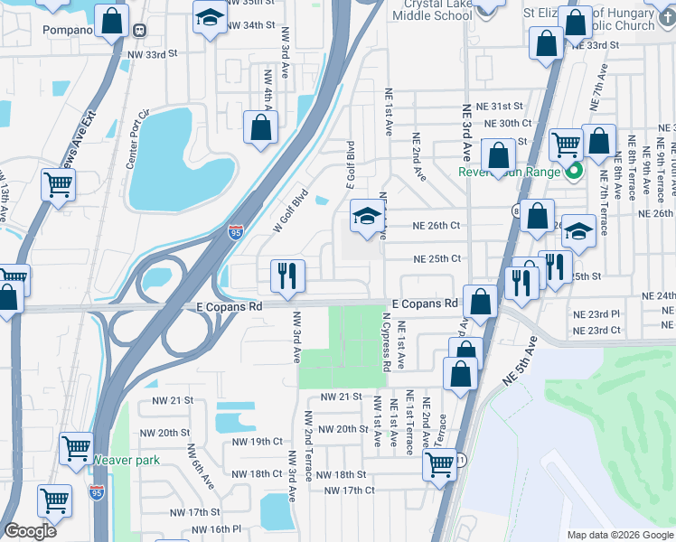 map of restaurants, bars, coffee shops, grocery stores, and more near 150 Northwest 25th Court in Pompano Beach