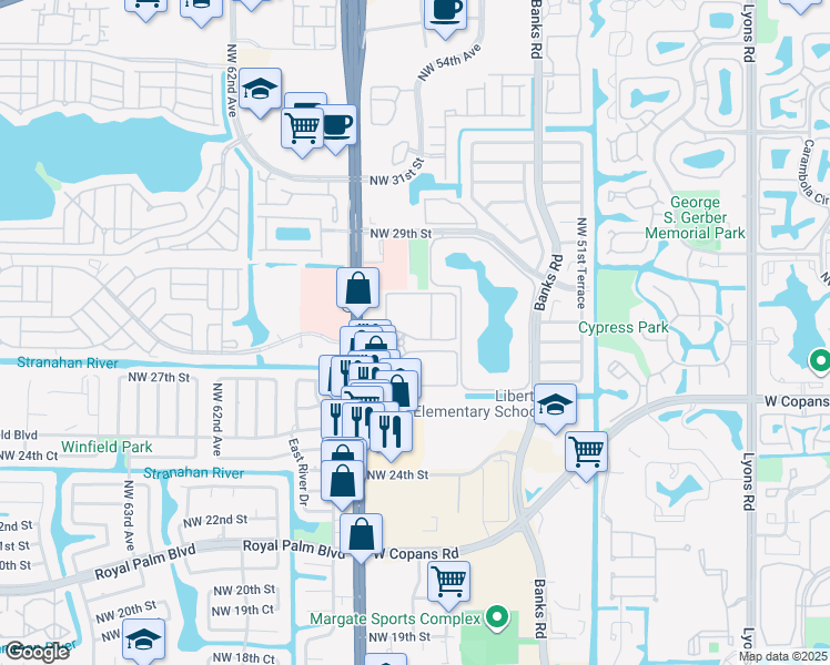 map of restaurants, bars, coffee shops, grocery stores, and more near 5555 Celebration Pointe Lane in Margate
