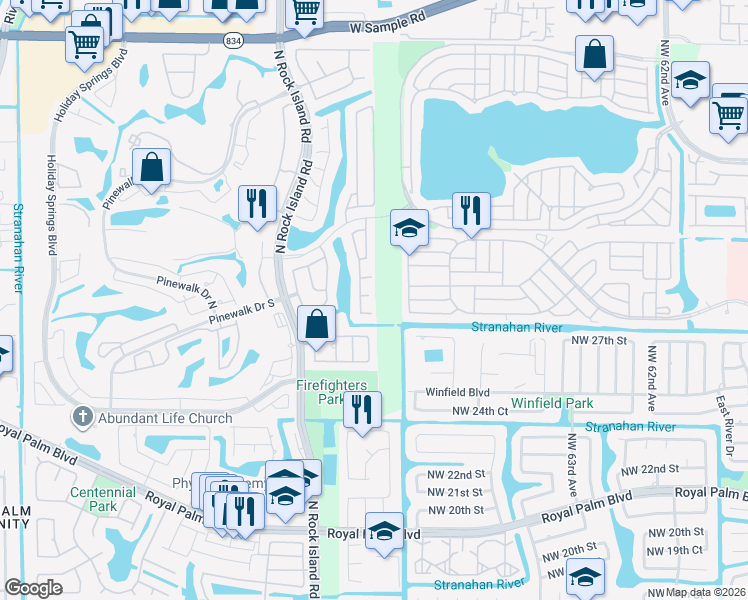 map of restaurants, bars, coffee shops, grocery stores, and more near 6813 Northwest 28th Court in Margate
