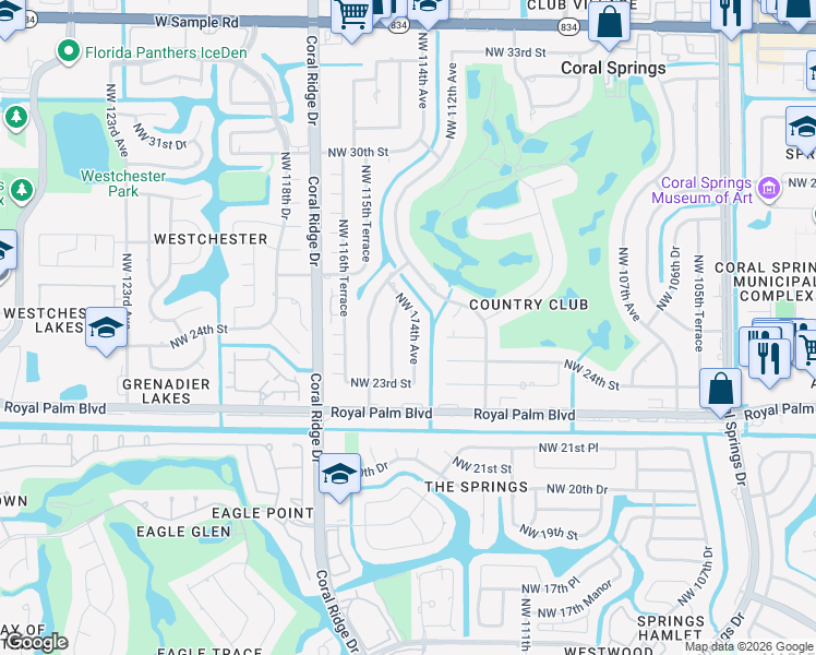 map of restaurants, bars, coffee shops, grocery stores, and more near 2500 Northwest 114th Avenue in Coral Springs