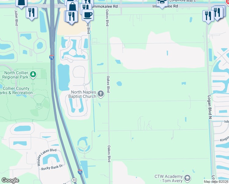 map of restaurants, bars, coffee shops, grocery stores, and more near 1890 Oakes Boulevard in Naples