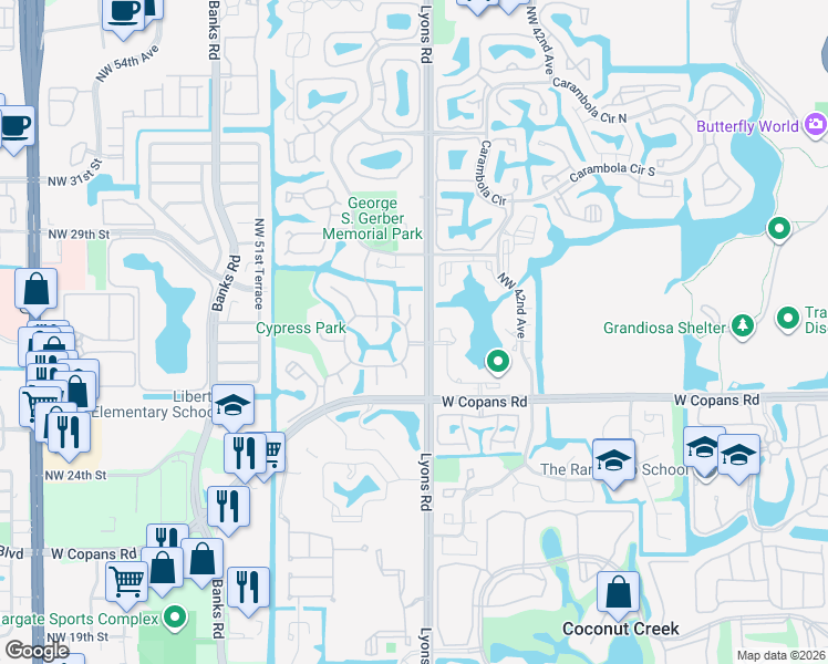 map of restaurants, bars, coffee shops, grocery stores, and more near 2560 Calamondin Circle in Coconut Creek