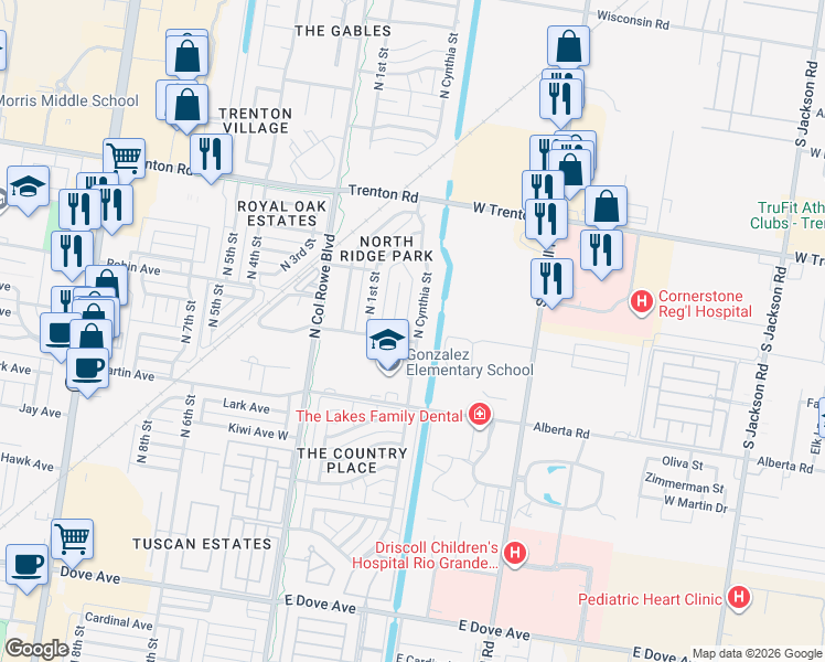 map of restaurants, bars, coffee shops, grocery stores, and more near 6805 North Cynthia Street in McAllen