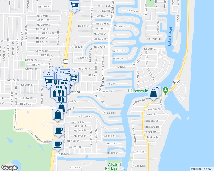 map of restaurants, bars, coffee shops, grocery stores, and more near 2228 Northeast 25th Street in Lighthouse Point