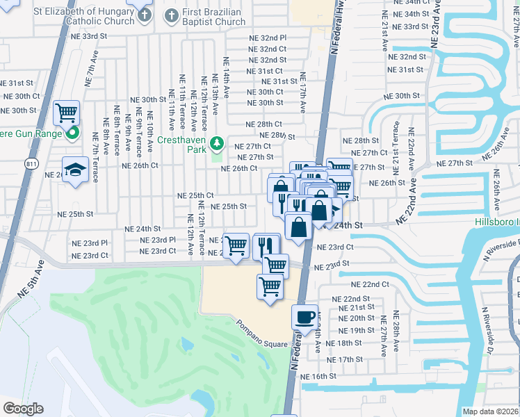 map of restaurants, bars, coffee shops, grocery stores, and more near 2481 Northeast 15th Avenue in Pompano Beach