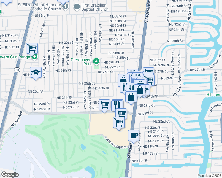 map of restaurants, bars, coffee shops, grocery stores, and more near 2481 Northeast 15th Avenue in Pompano Beach