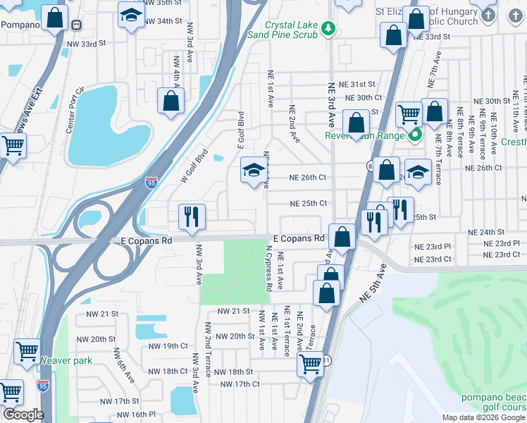 map of restaurants, bars, coffee shops, grocery stores, and more near 101 Northwest 1st Avenue in Pompano Beach