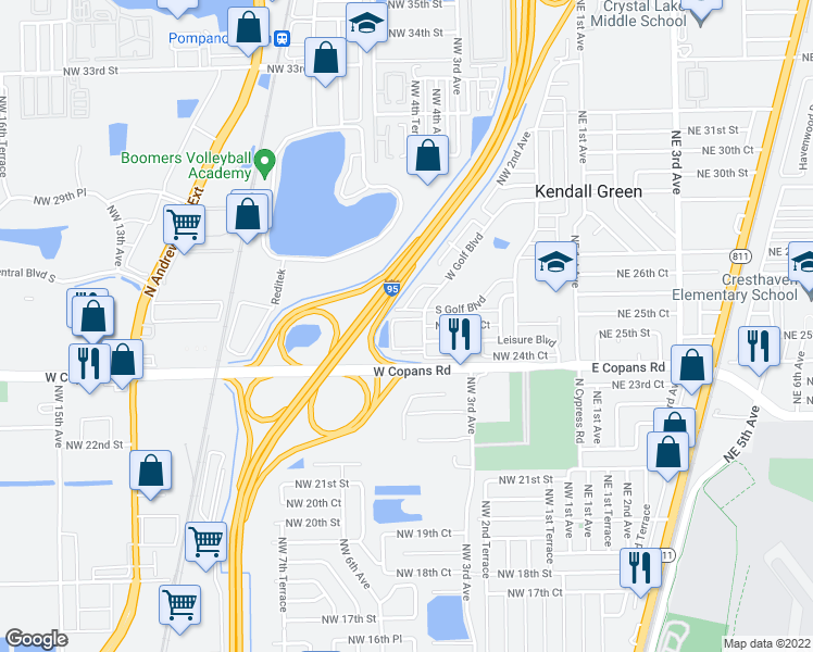 map of restaurants, bars, coffee shops, grocery stores, and more near 2551 West Golf Boulevard in Pompano Beach