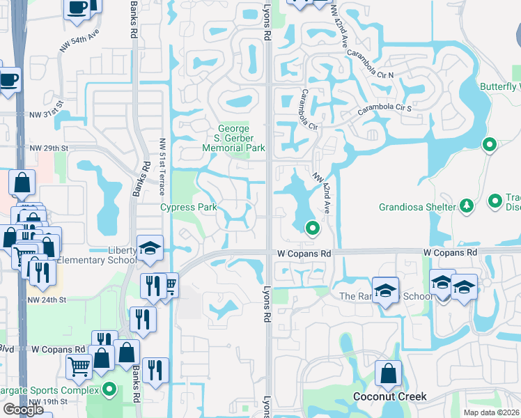 map of restaurants, bars, coffee shops, grocery stores, and more near 2560 Calamondin Circle in Coconut Creek