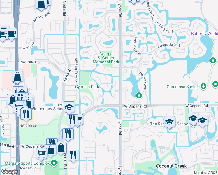 map of restaurants, bars, coffee shops, grocery stores, and more near 2508 Northwest 48th Avenue in Coconut Creek