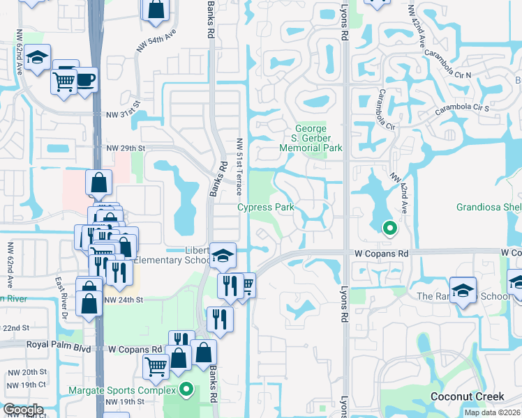 map of restaurants, bars, coffee shops, grocery stores, and more near 2465 Northwest 49th Terrace in Coconut Creek