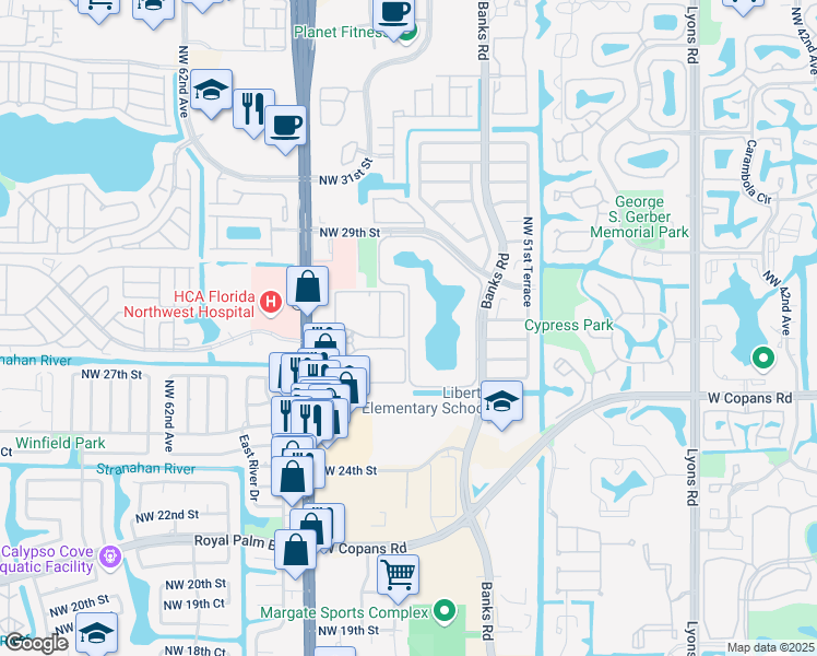 map of restaurants, bars, coffee shops, grocery stores, and more near 6409 Coral Lake Drive in Margate