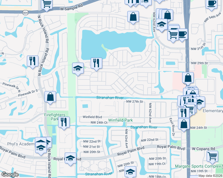 map of restaurants, bars, coffee shops, grocery stores, and more near 6529 Northwest 28th Court in Margate