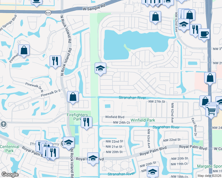 map of restaurants, bars, coffee shops, grocery stores, and more near 6601 South Brandywine Drive in Margate