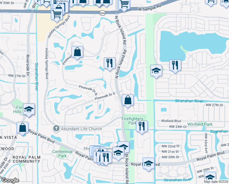 map of restaurants, bars, coffee shops, grocery stores, and more near 2851 North Rock Island Road in Margate