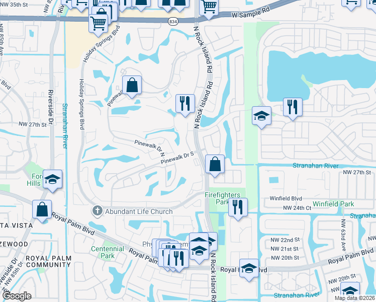 map of restaurants, bars, coffee shops, grocery stores, and more near 2851 North Rock Island Road in Margate