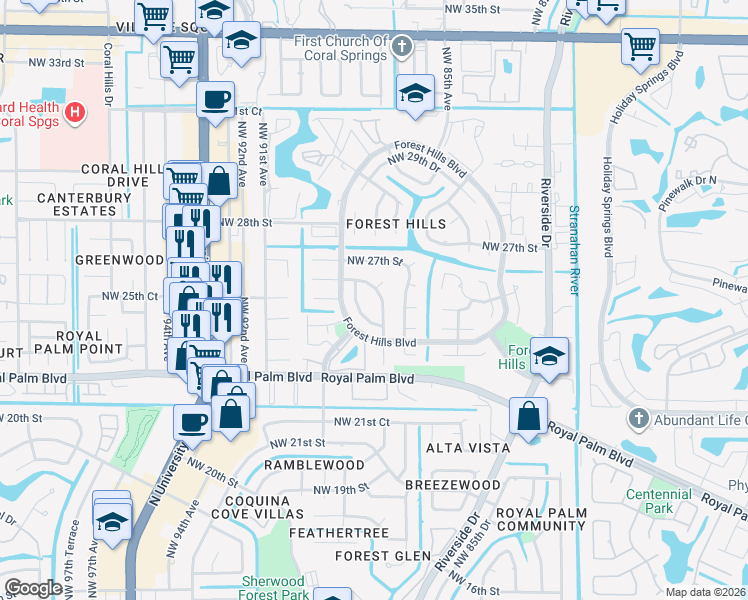 map of restaurants, bars, coffee shops, grocery stores, and more near 2560 Northwest 87th Drive in Coral Springs