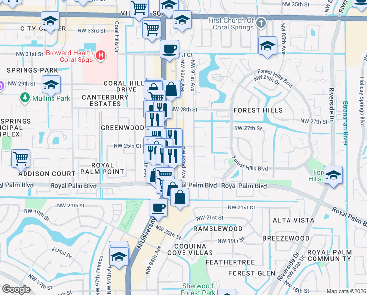 map of restaurants, bars, coffee shops, grocery stores, and more near 2546 Northwest 92nd Avenue in Coral Springs