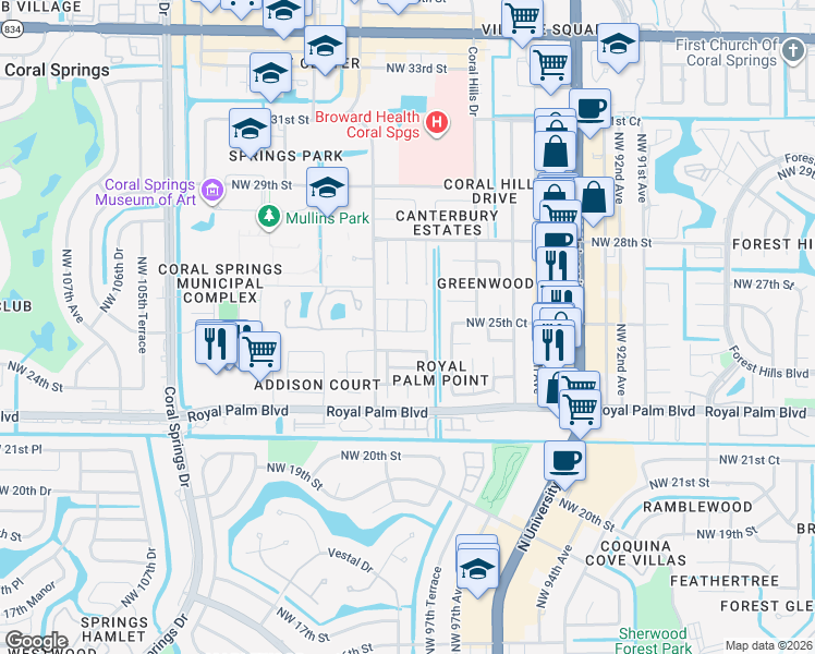 map of restaurants, bars, coffee shops, grocery stores, and more near 2501 Northwest 98th Lane in Coral Springs