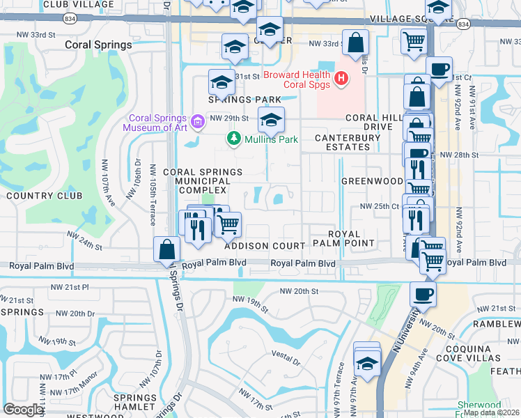 map of restaurants, bars, coffee shops, grocery stores, and more near 2599 Northwest 99th Avenue in Coral Springs