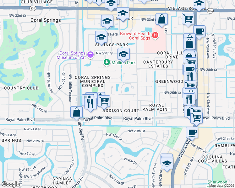 map of restaurants, bars, coffee shops, grocery stores, and more near 2524 Northwest 99th Avenue in Coral Springs