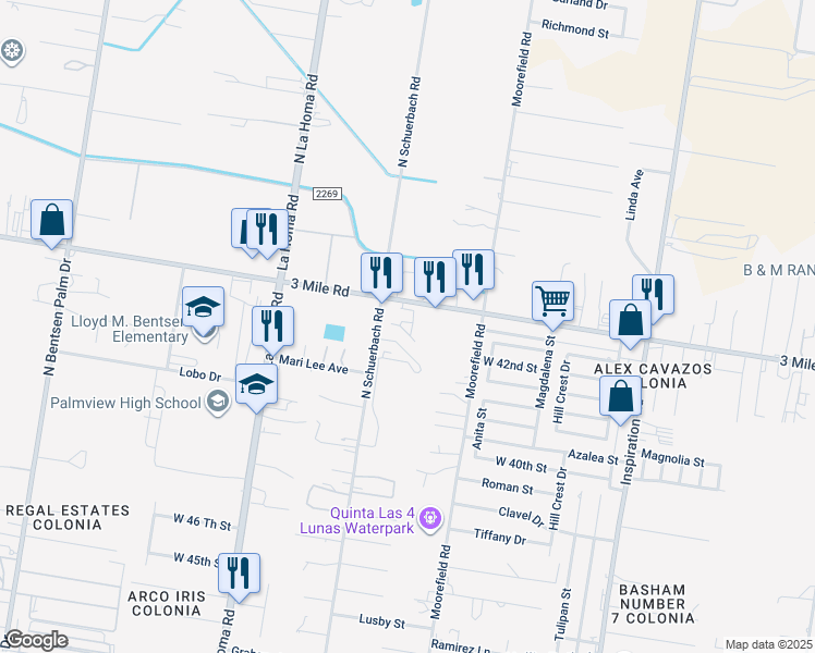 map of restaurants, bars, coffee shops, grocery stores, and more near 2313 West Mile 3 Road in Mission