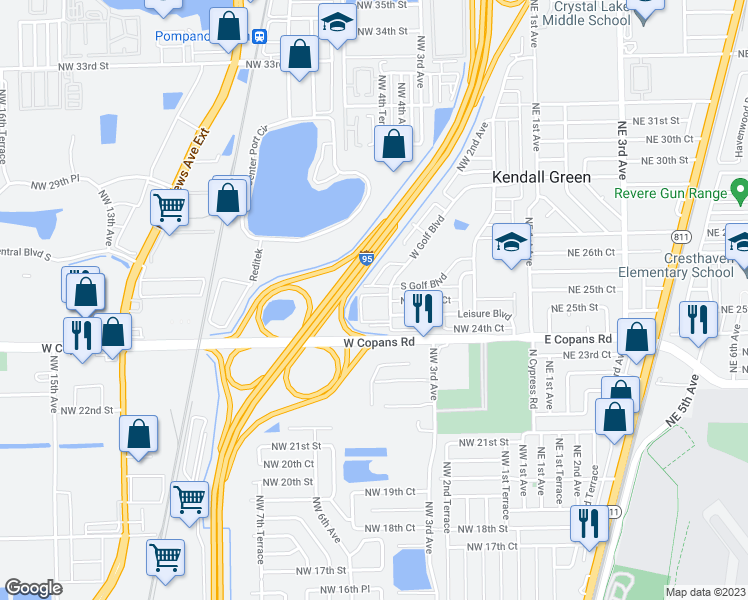 map of restaurants, bars, coffee shops, grocery stores, and more near 2551 West Golf Boulevard in Pompano Beach
