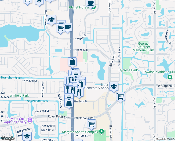 map of restaurants, bars, coffee shops, grocery stores, and more near 2725 Lakeview Terrace in Margate