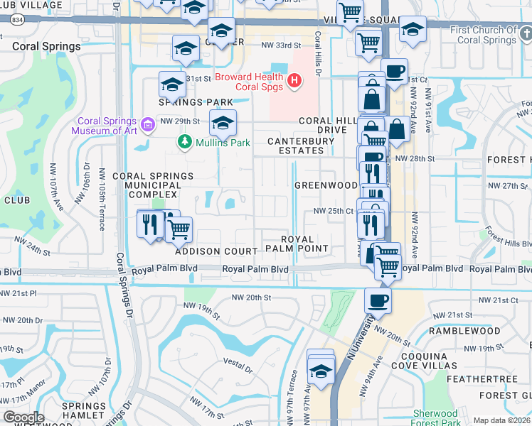 map of restaurants, bars, coffee shops, grocery stores, and more near 2501 Northwest 98th Lane in Coral Springs